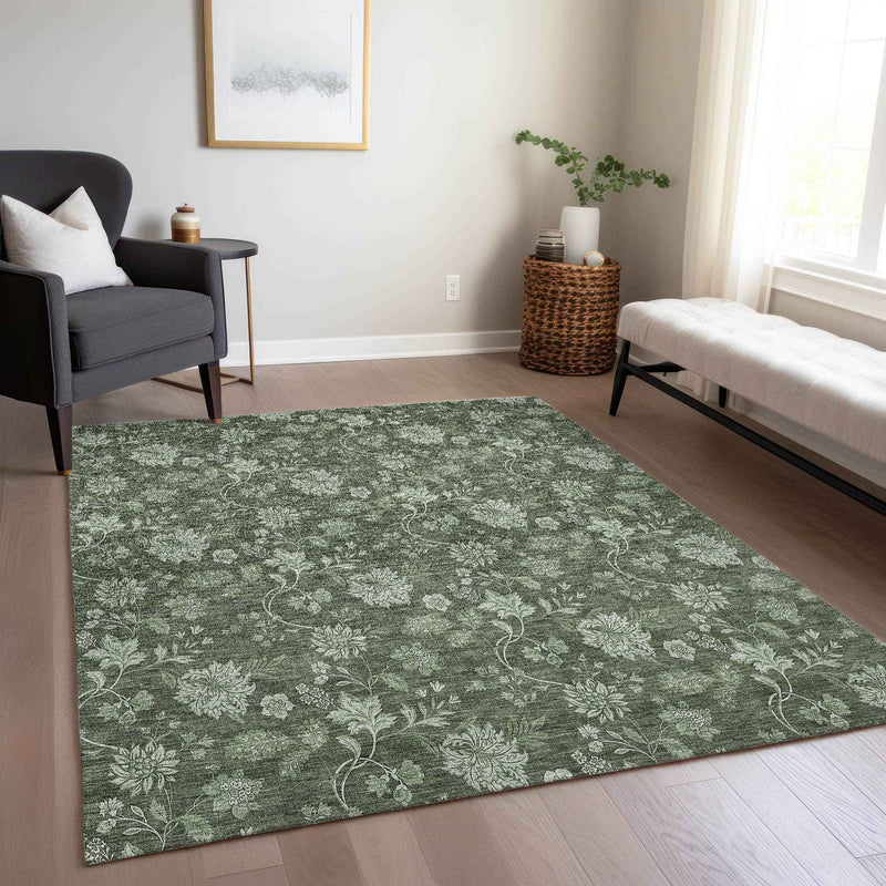10' X 14' Olive Green And Artichoke Green Floral Washable Indoor Outdoor Area Rug