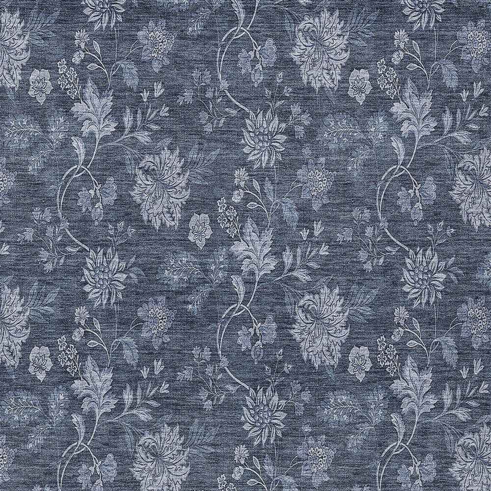 8' X 10' Denim Blue And Navy Blue Floral Washable Indoor Outdoor Area Rug