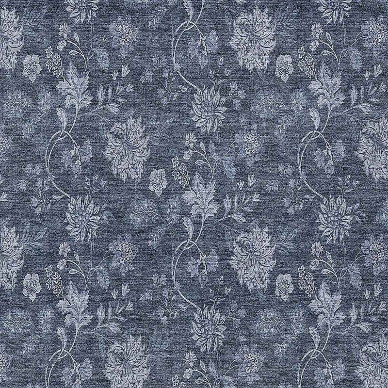 8' X 10' Denim Blue And Navy Blue Floral Washable Indoor Outdoor Area Rug