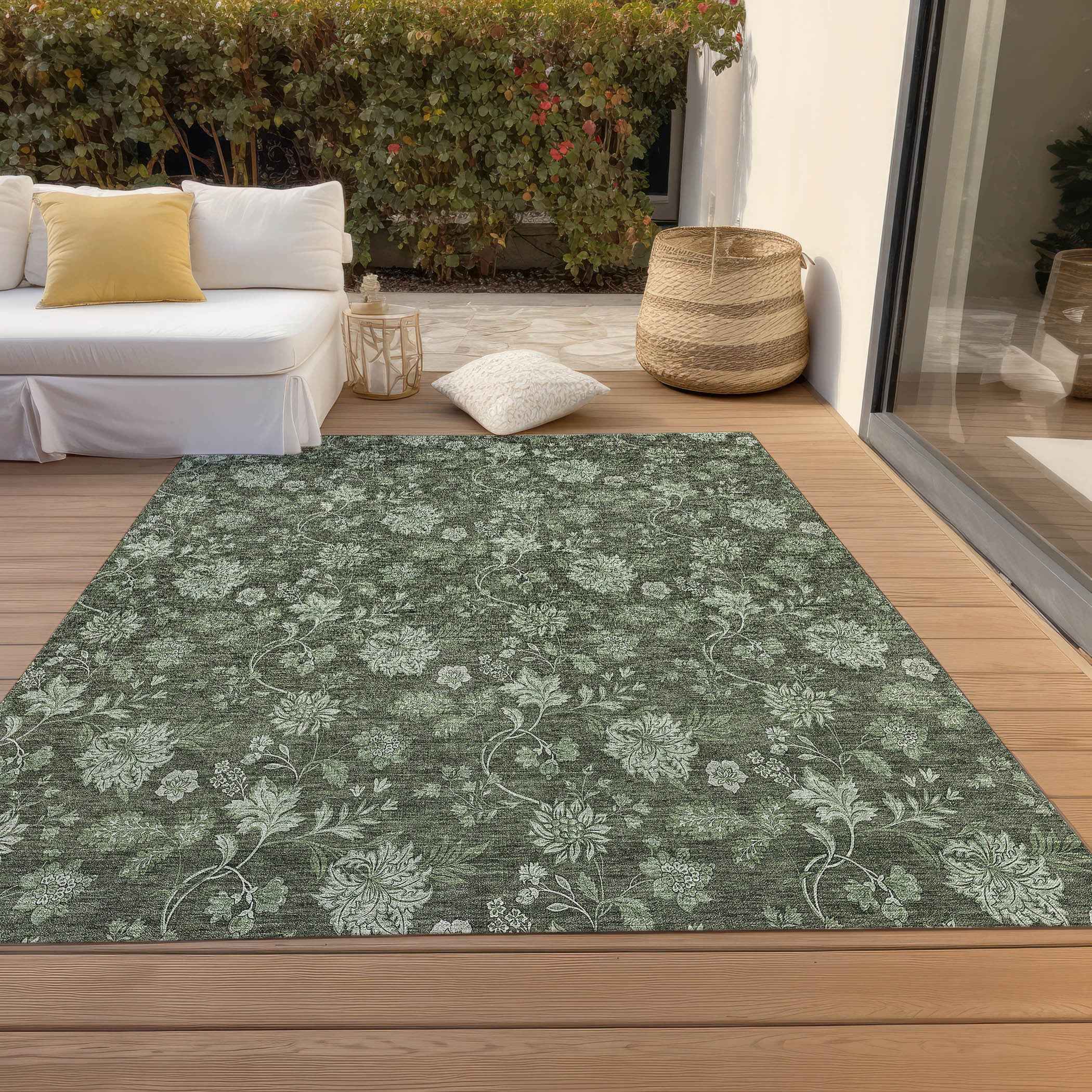 10' X 14' Olive Green And Artichoke Green Floral Washable Indoor Outdoor Area Rug