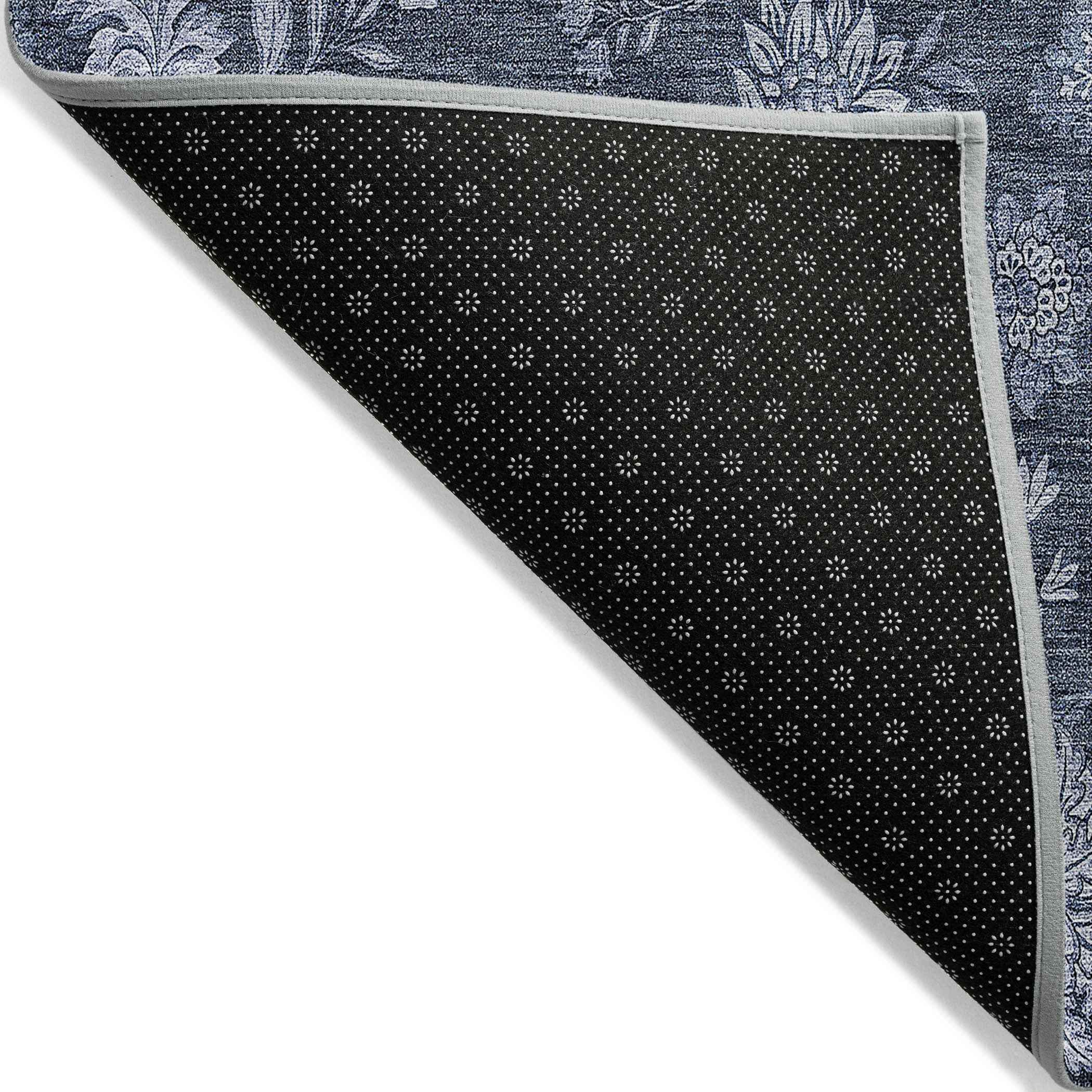 8' X 10' Denim Blue And Navy Blue Floral Washable Indoor Outdoor Area Rug