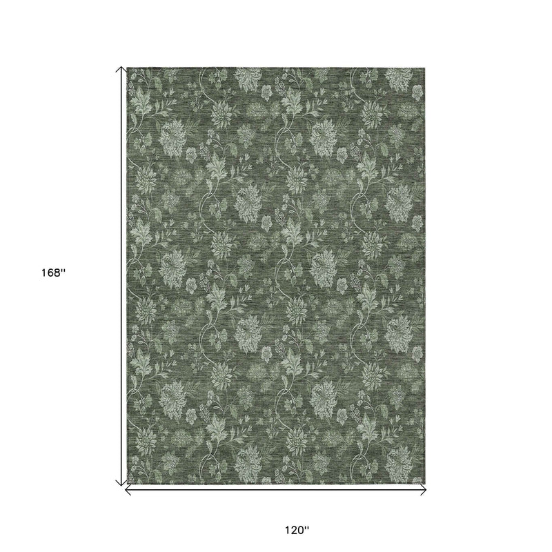 10' X 14' Olive Green And Artichoke Green Floral Washable Indoor Outdoor Area Rug