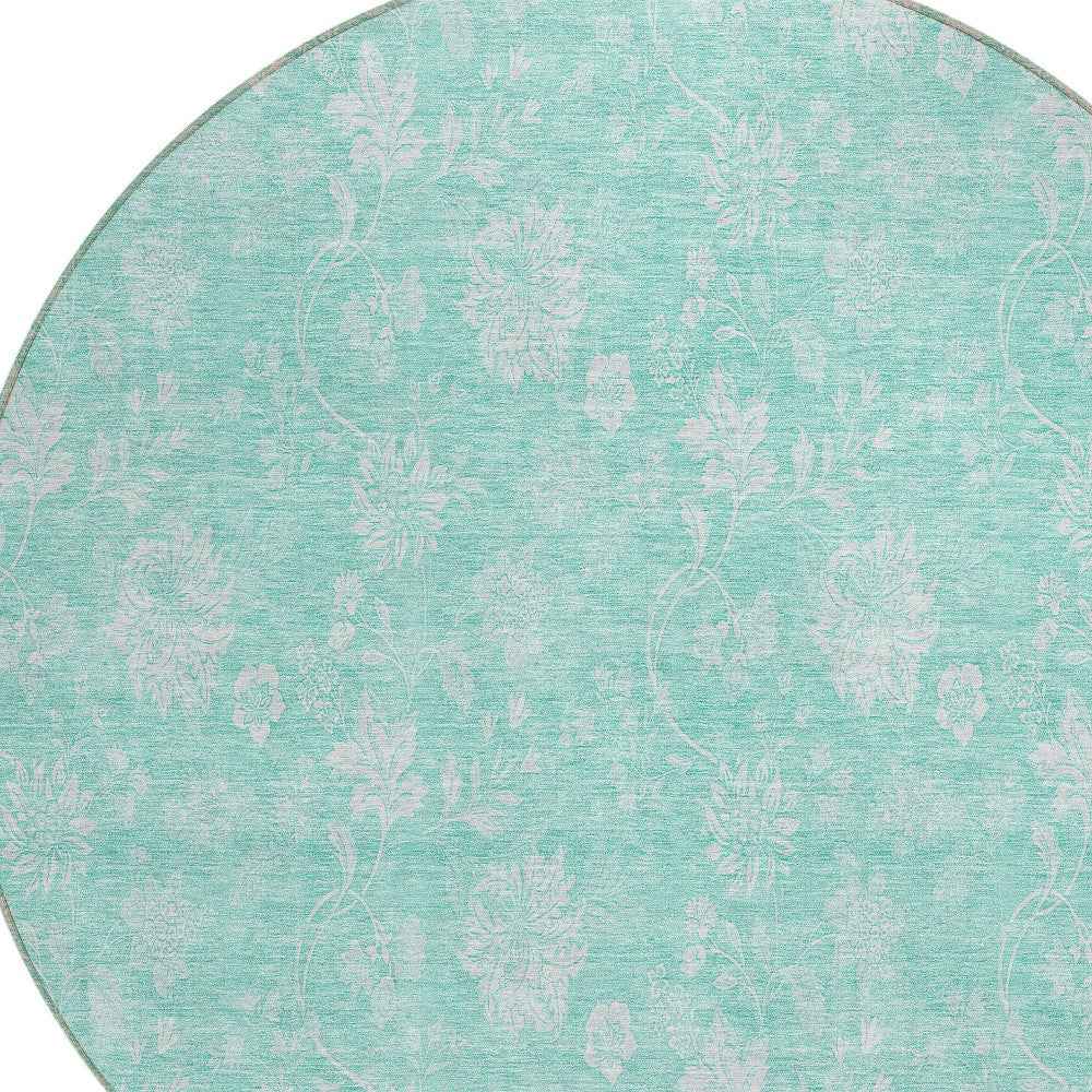8' Aqua And Ivory Round Floral Washable Indoor Outdoor Area Rug
