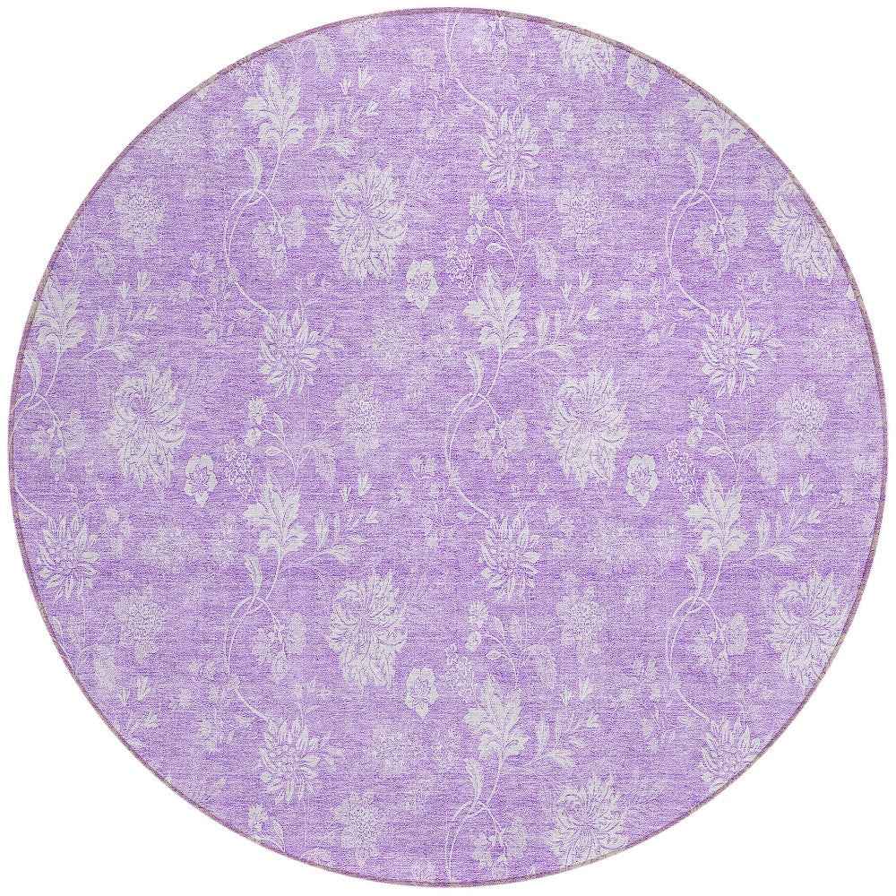 8' Lavender And Lilac Round Floral Washable Indoor Outdoor Area Rug