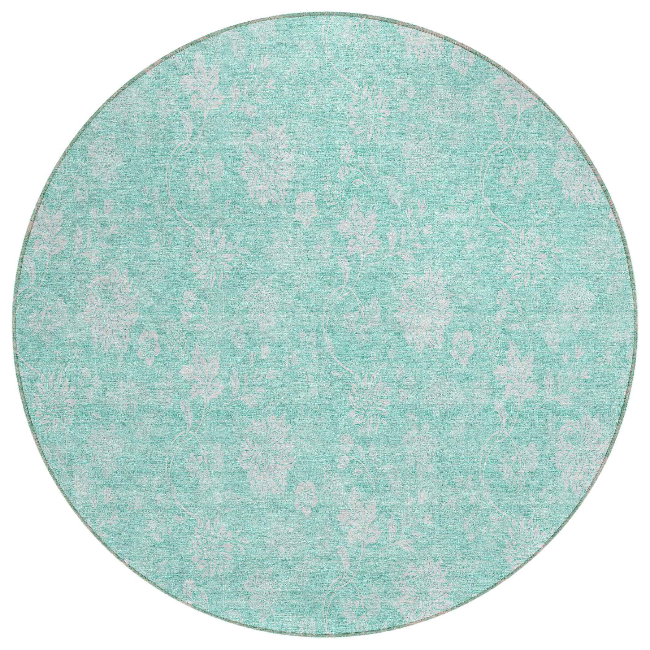 8' Aqua And Ivory Round Floral Washable Indoor Outdoor Area Rug