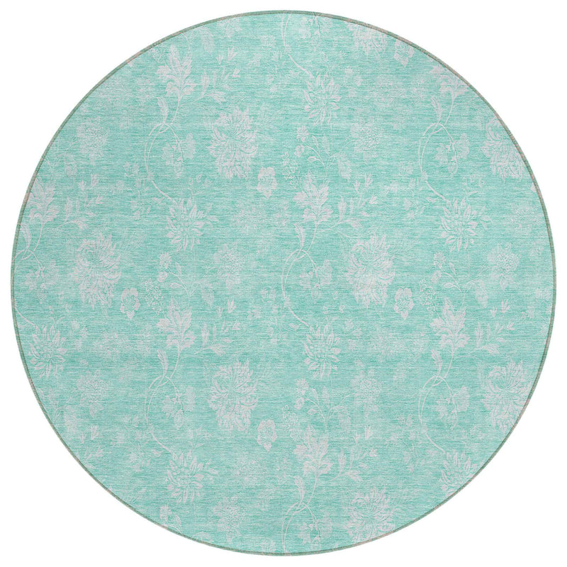 8' Aqua And Ivory Round Floral Washable Indoor Outdoor Area Rug
