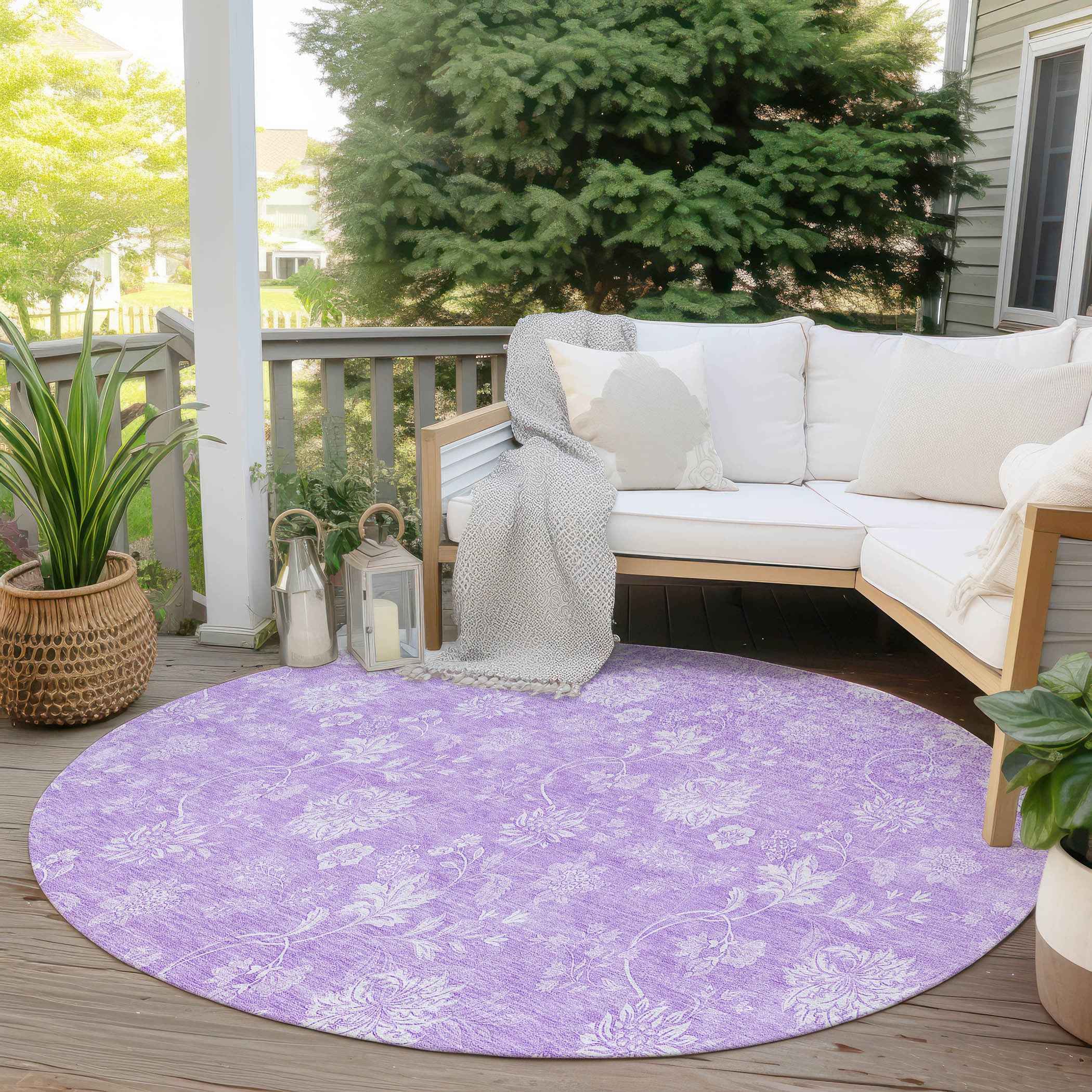 8' Lavender And Lilac Round Floral Washable Indoor Outdoor Area Rug