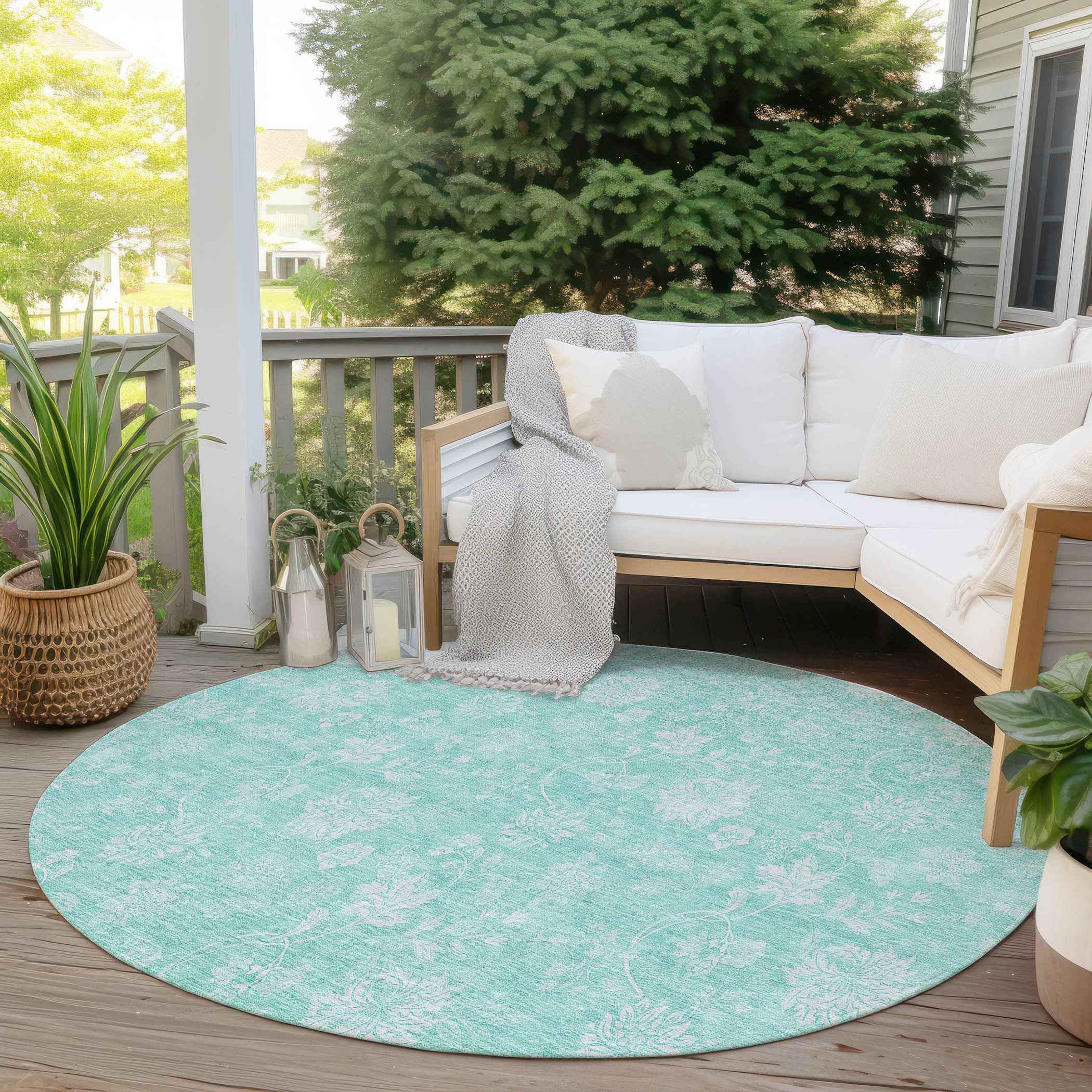 8' Aqua And Ivory Round Floral Washable Indoor Outdoor Area Rug