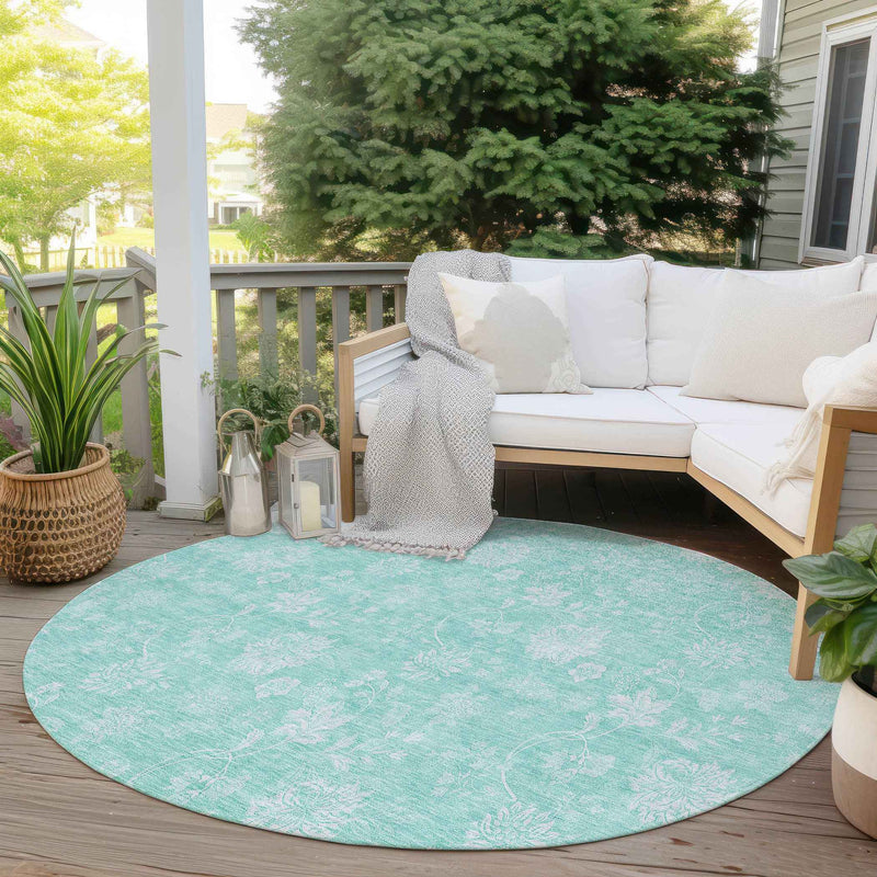 8' Aqua And Ivory Round Floral Washable Indoor Outdoor Area Rug