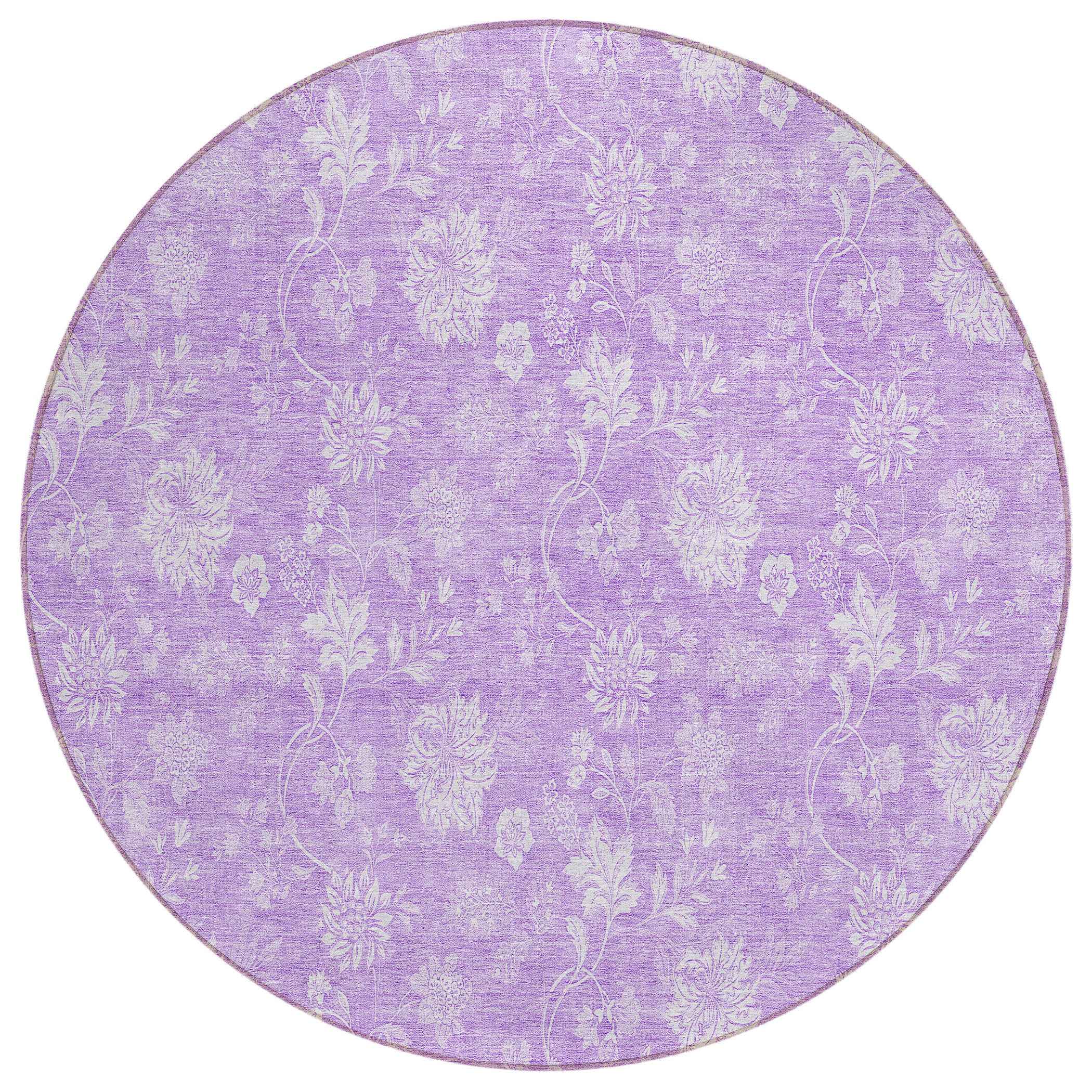 8' Lavender And Lilac Round Floral Washable Indoor Outdoor Area Rug