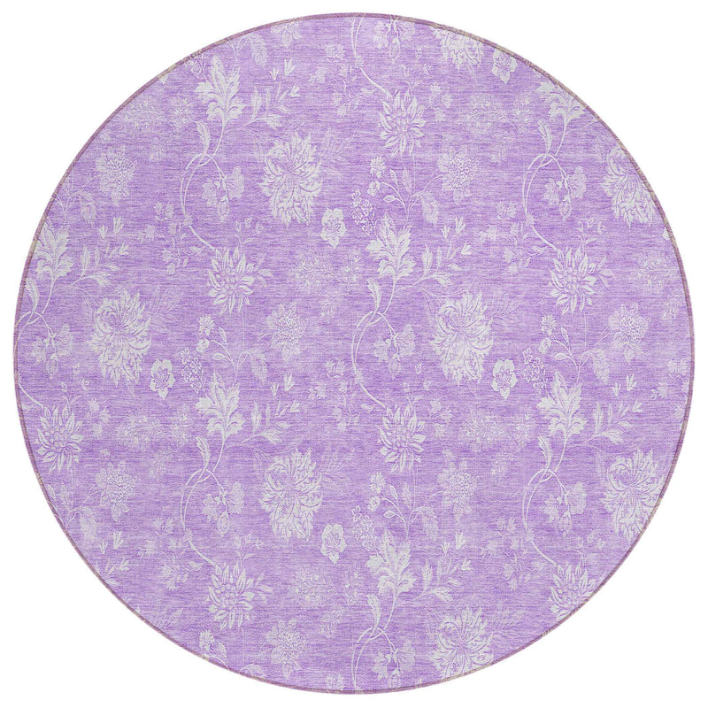 8' Lavender And Lilac Round Floral Washable Indoor Outdoor Area Rug