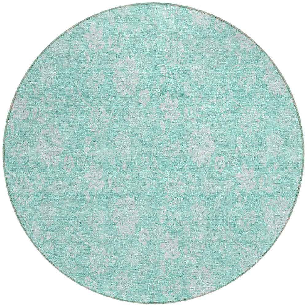 8' Aqua And Ivory Round Floral Washable Indoor Outdoor Area Rug