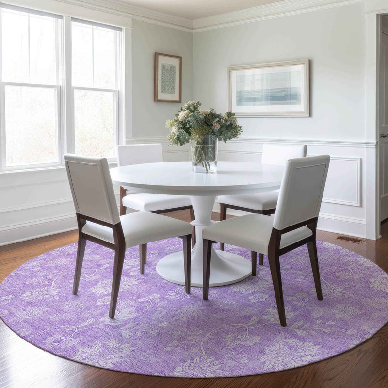 8' Lavender And Lilac Round Floral Washable Indoor Outdoor Area Rug
