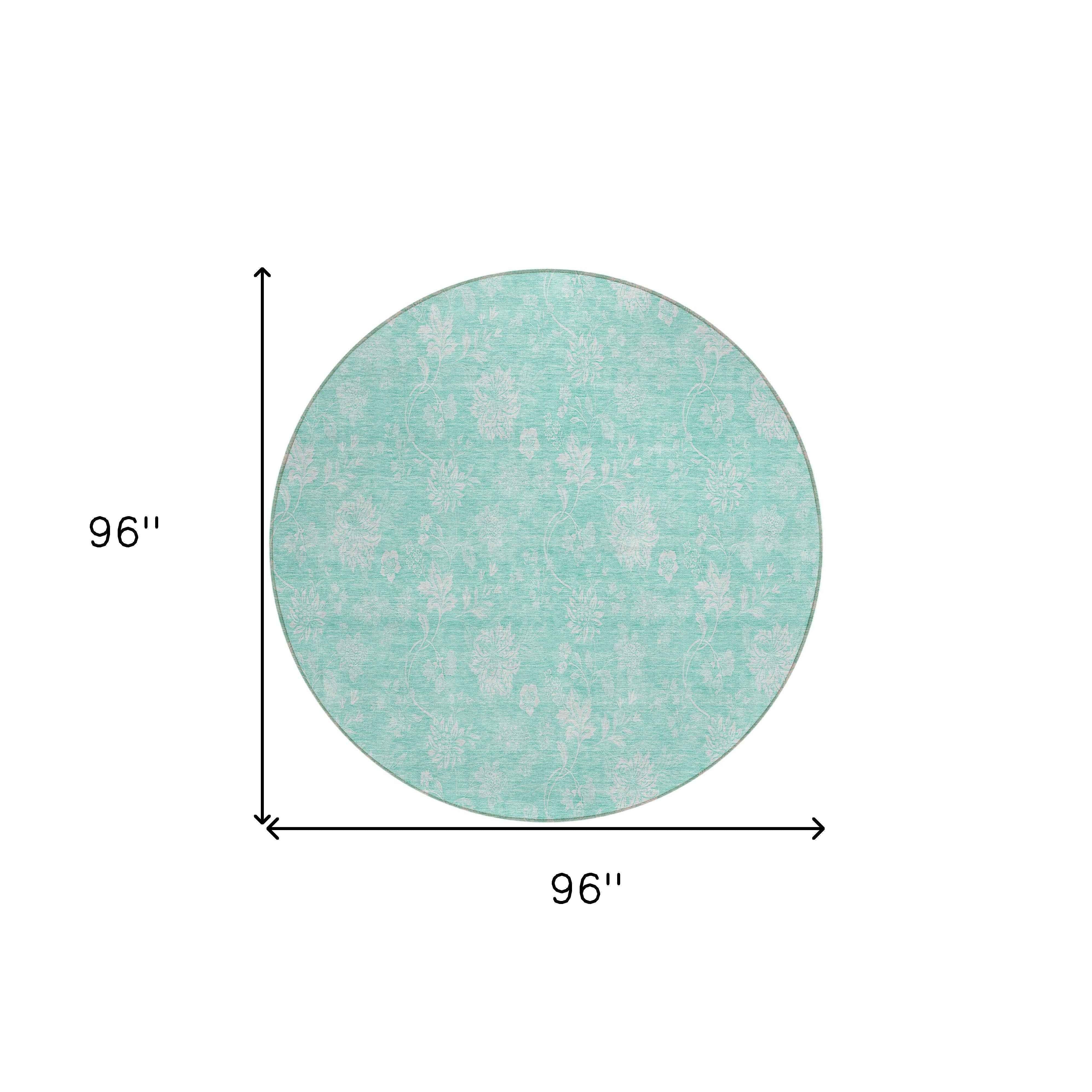 8' Aqua And Ivory Round Floral Washable Indoor Outdoor Area Rug