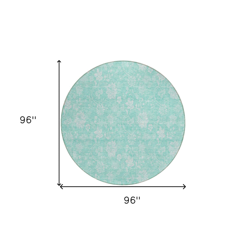 8' Aqua And Ivory Round Floral Washable Indoor Outdoor Area Rug