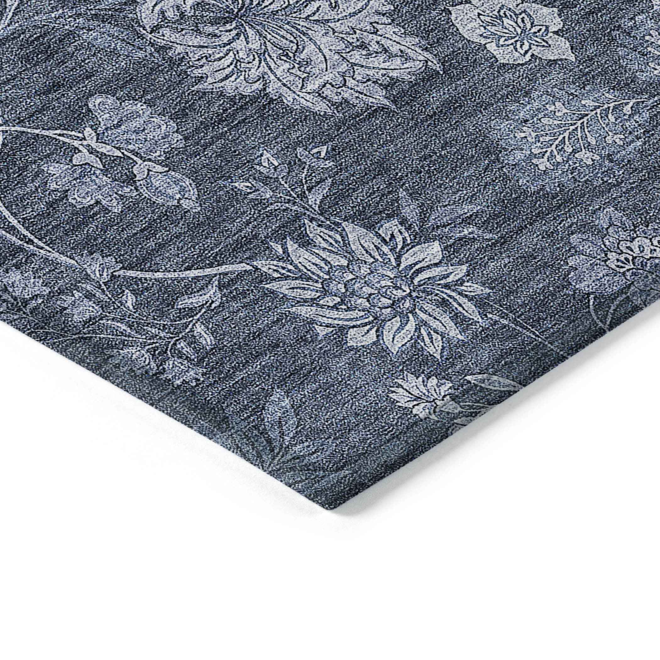 10' X 14' Denim Blue And Navy Blue Floral Washable Indoor Outdoor Area Rug