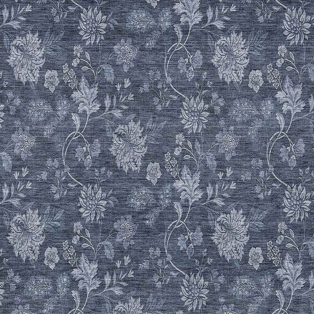 10' X 14' Denim Blue And Navy Blue Floral Washable Indoor Outdoor Area Rug