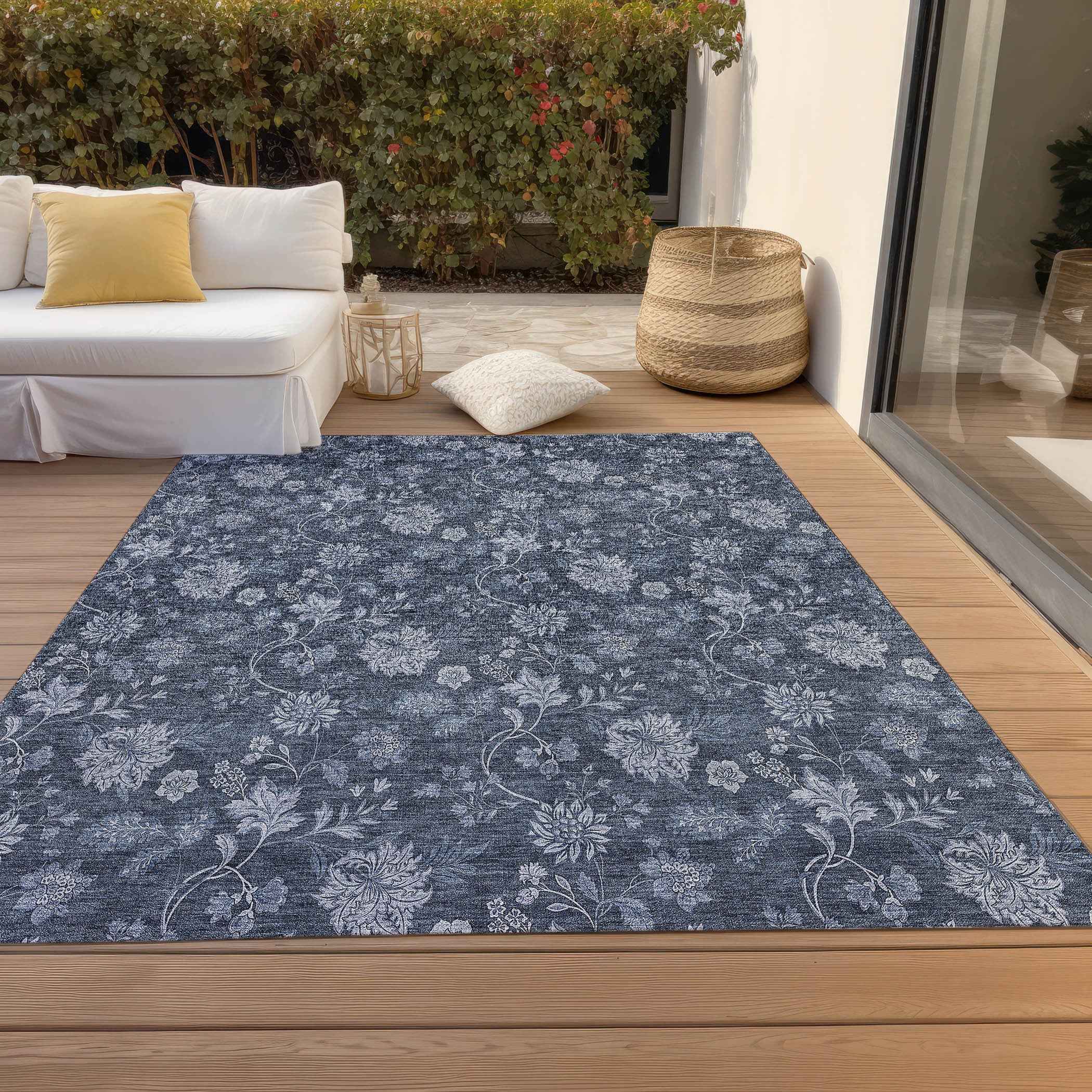 10' X 14' Denim Blue And Navy Blue Floral Washable Indoor Outdoor Area Rug