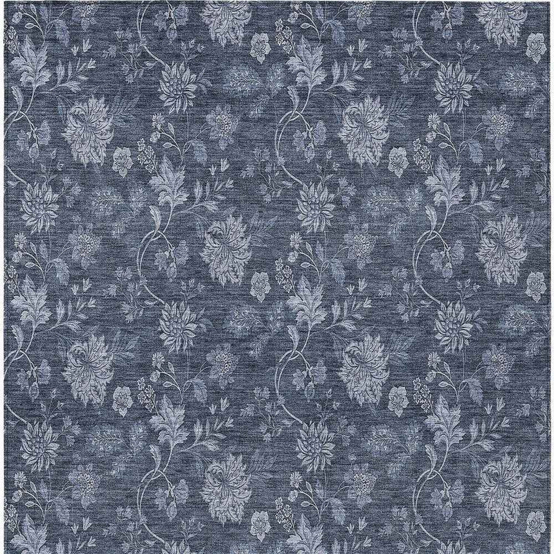 10' X 14' Denim Blue And Navy Blue Floral Washable Indoor Outdoor Area Rug