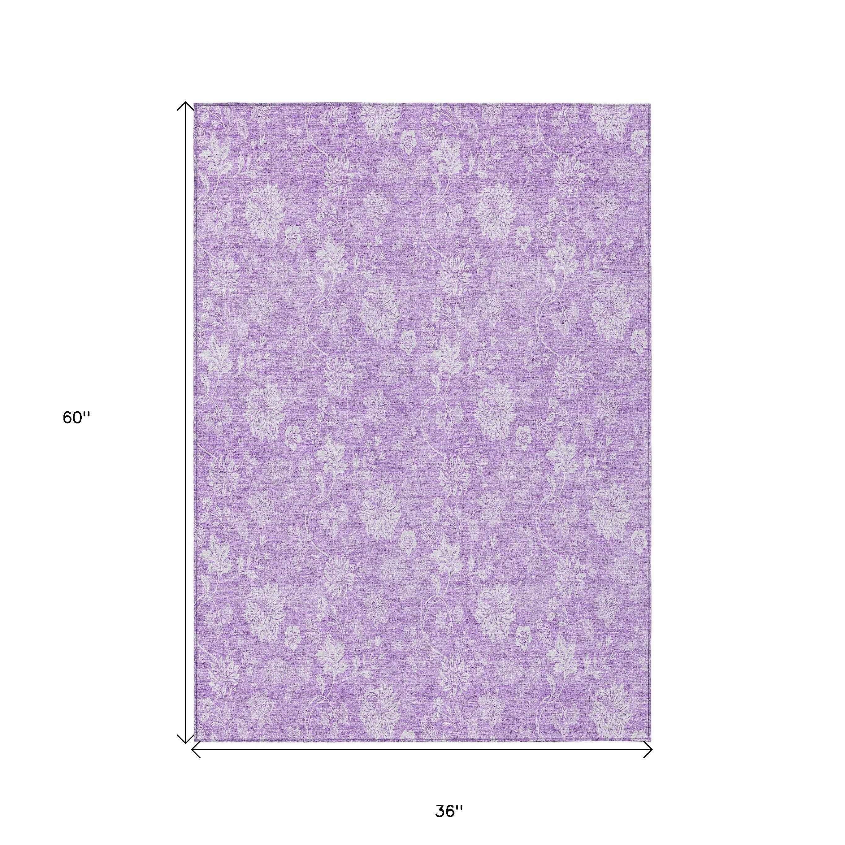 3' X 5' Lavender And Lilac Floral Washable Indoor Outdoor Area Rug