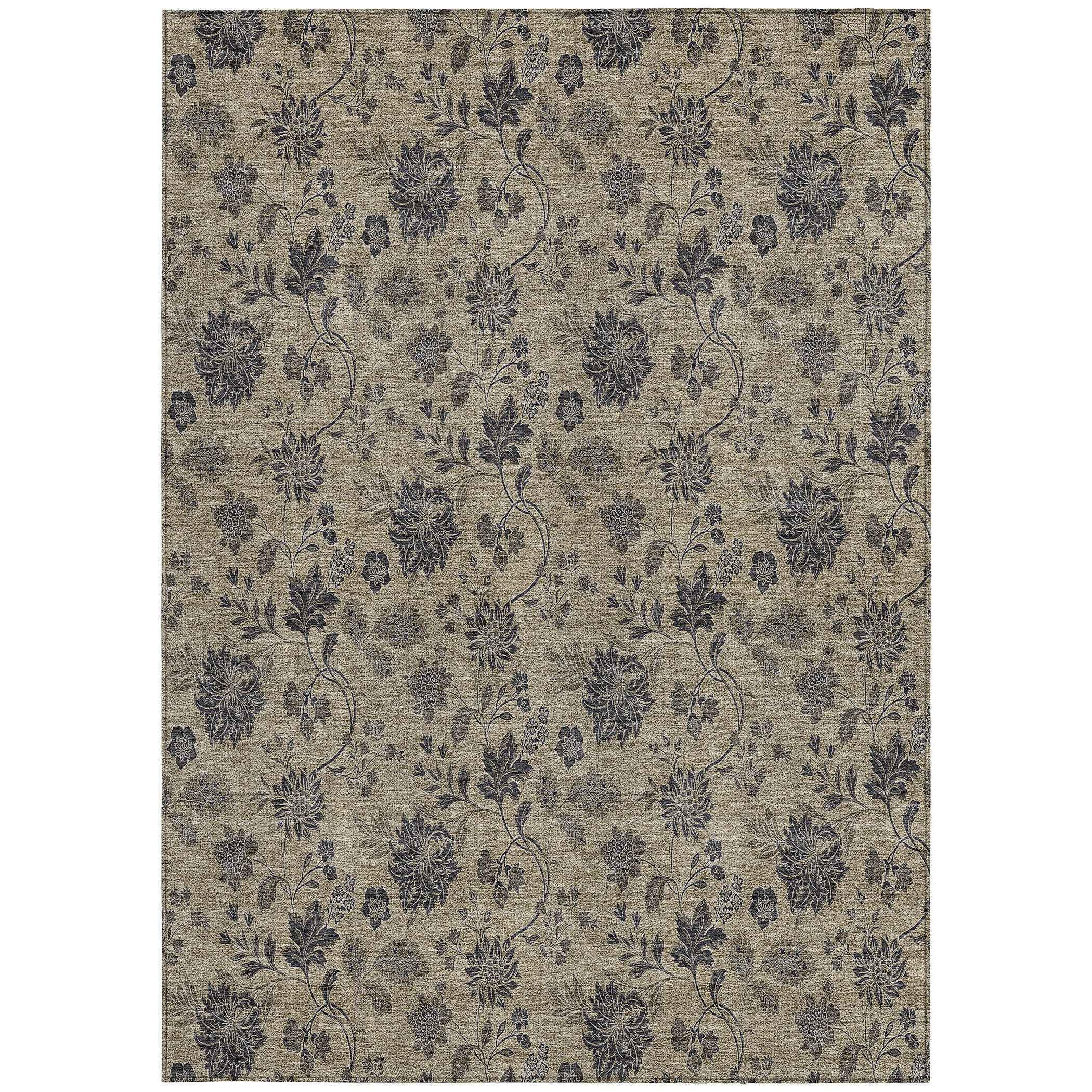 5' X 8' Brown Beige And Chocolate Floral Washable Indoor Outdoor Area Rug