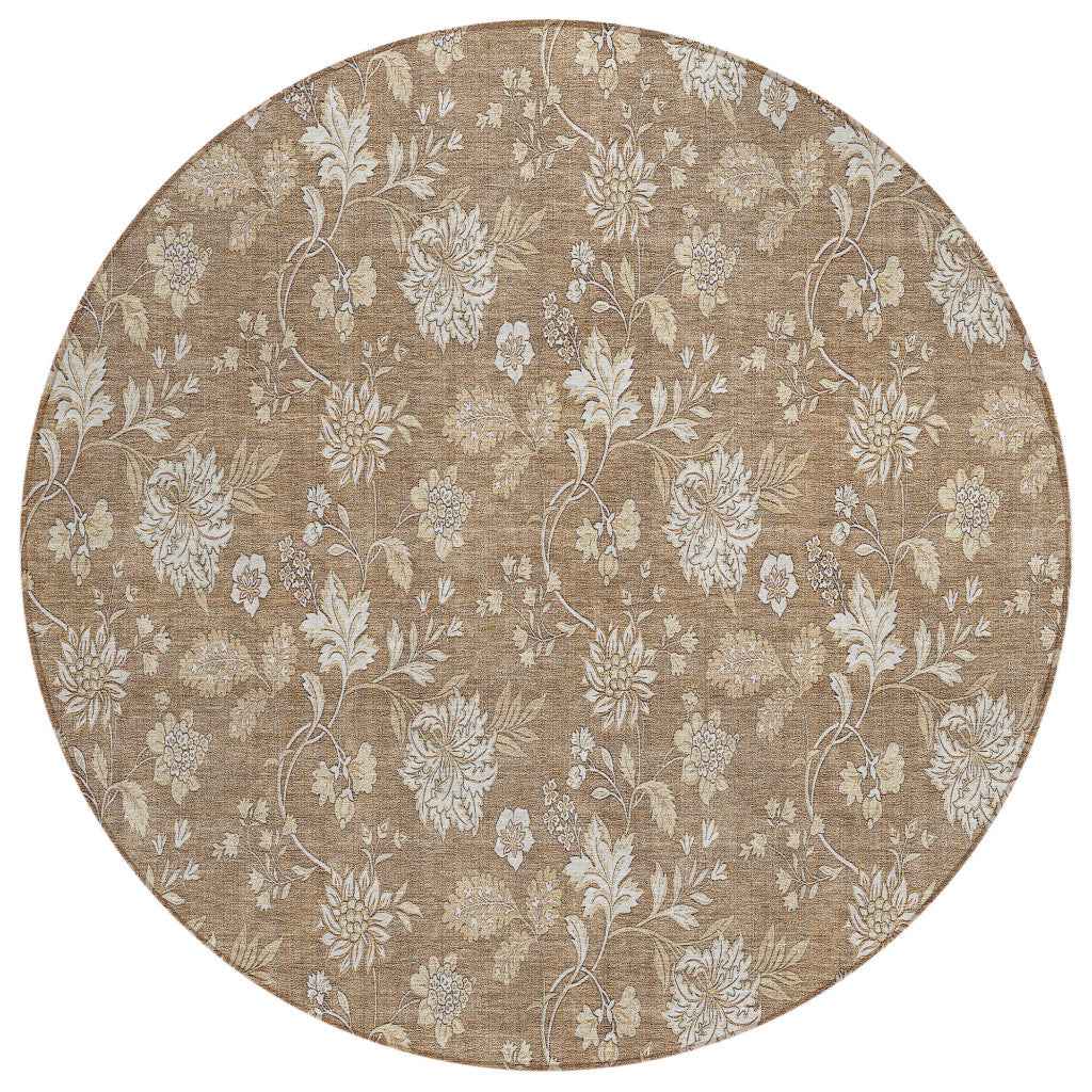 8' Copper And Beige Round Floral Washable Indoor Outdoor Area Rug