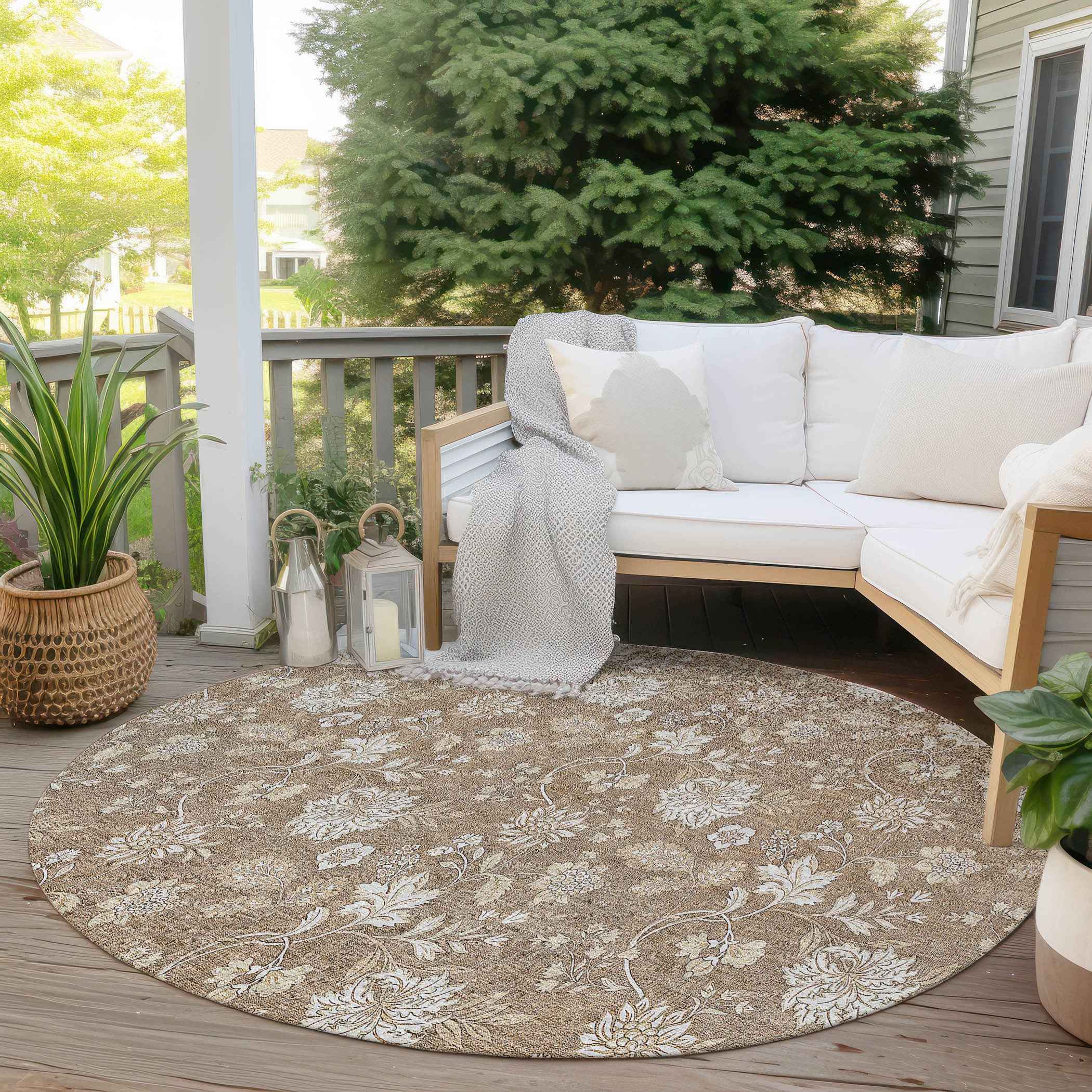 8' Copper And Beige Round Floral Washable Indoor Outdoor Area Rug