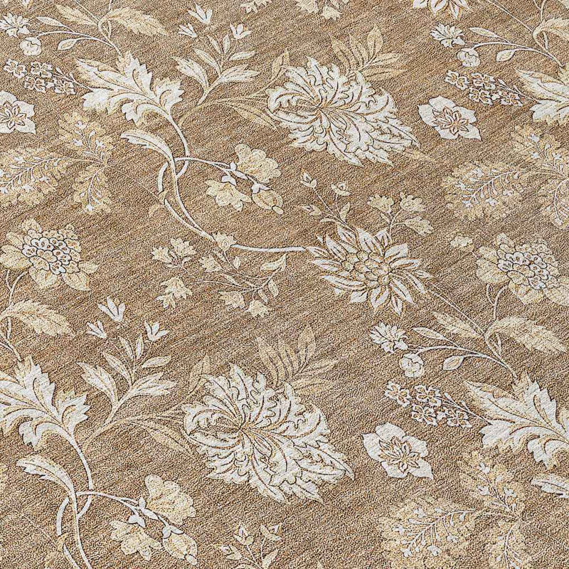 8' Copper And Beige Round Floral Washable Indoor Outdoor Area Rug