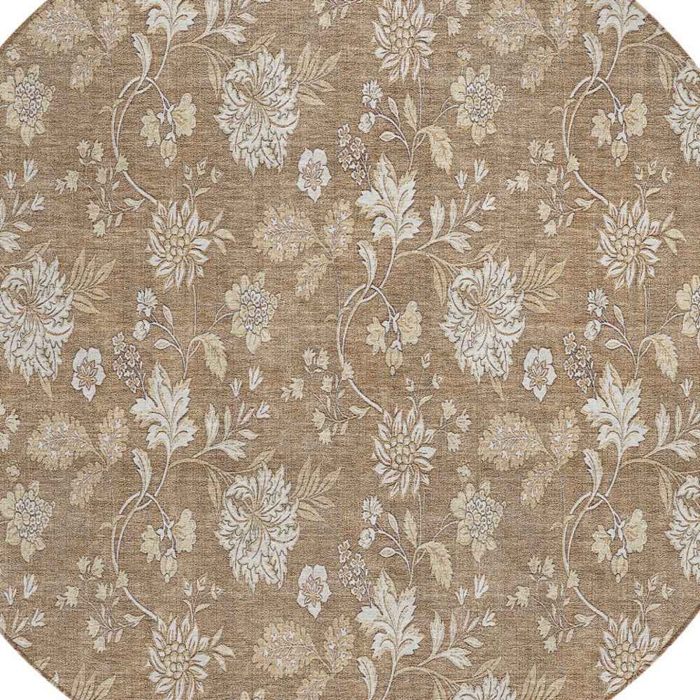 8' Copper And Beige Round Floral Washable Indoor Outdoor Area Rug