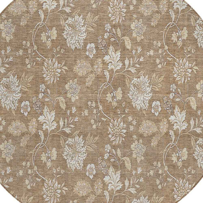 8' Copper And Beige Round Floral Washable Indoor Outdoor Area Rug