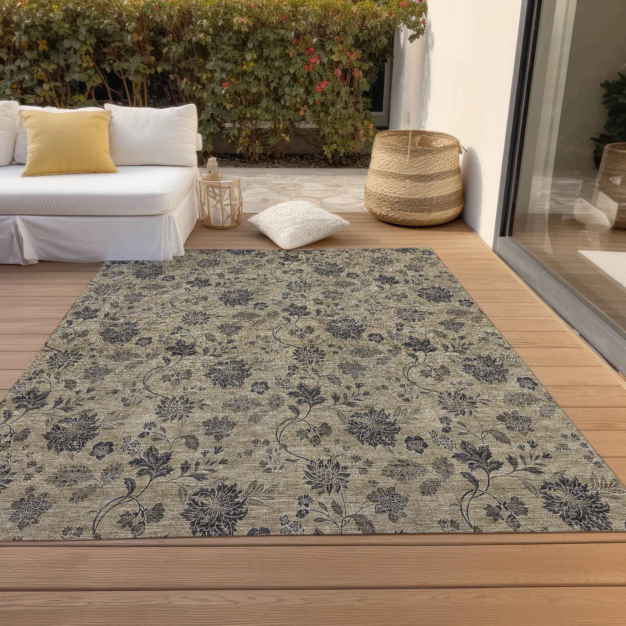 5' X 8' Brown Beige And Chocolate Floral Washable Indoor Outdoor Area Rug