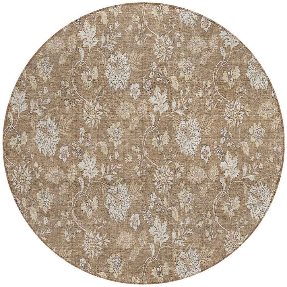 8' Copper And Beige Round Floral Washable Indoor Outdoor Area Rug