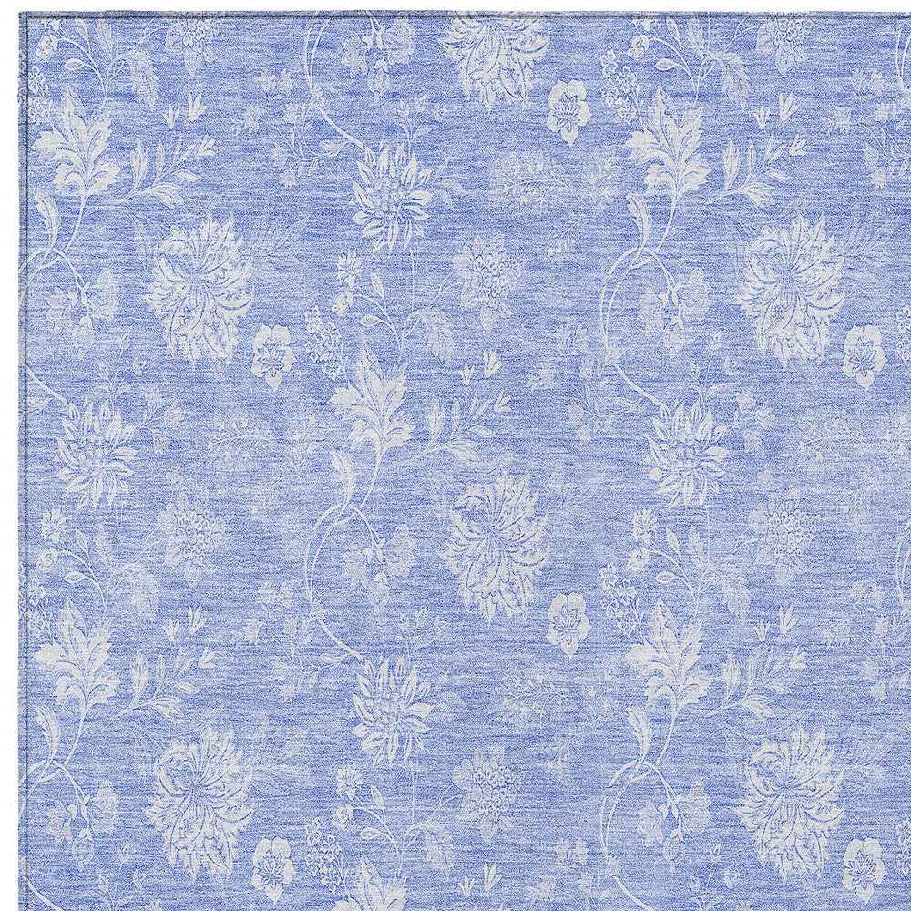 5' X 8' Sky Blue Denim Blue And Ivory Floral Washable Indoor Outdoor Area Rug