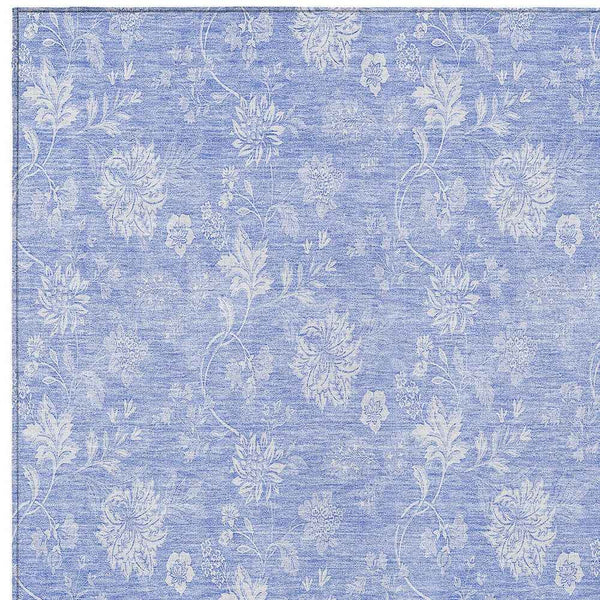 5' X 8' Sky Blue Denim Blue And Ivory Floral Washable Indoor Outdoor Area Rug