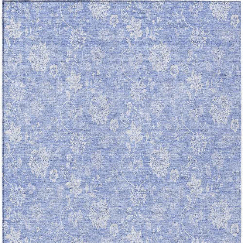 5' X 8' Sky Blue Denim Blue And Ivory Floral Washable Indoor Outdoor Area Rug