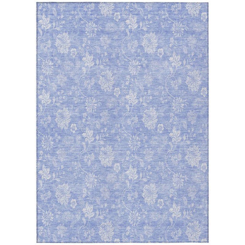 5' X 8' Sky Blue Denim Blue And Ivory Floral Washable Indoor Outdoor Area Rug