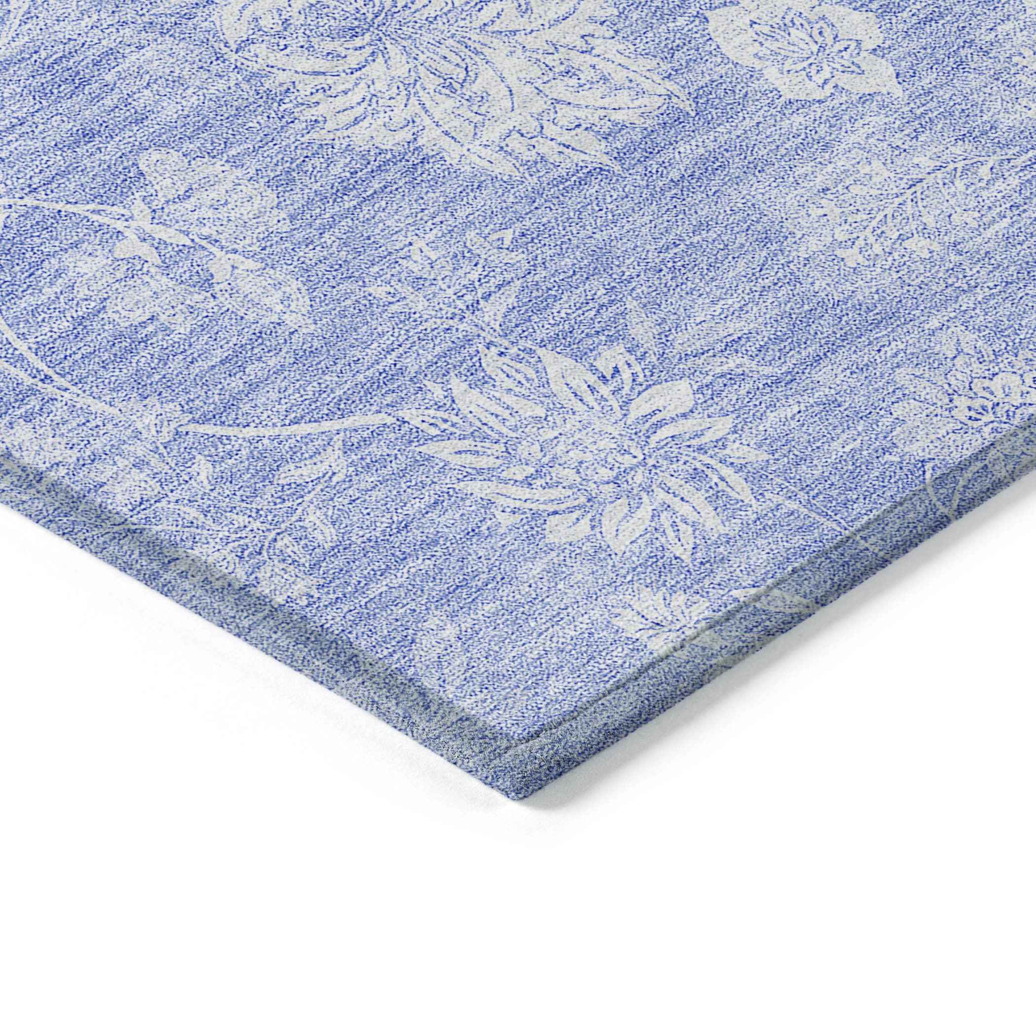 5' X 8' Sky Blue Denim Blue And Ivory Floral Washable Indoor Outdoor Area Rug