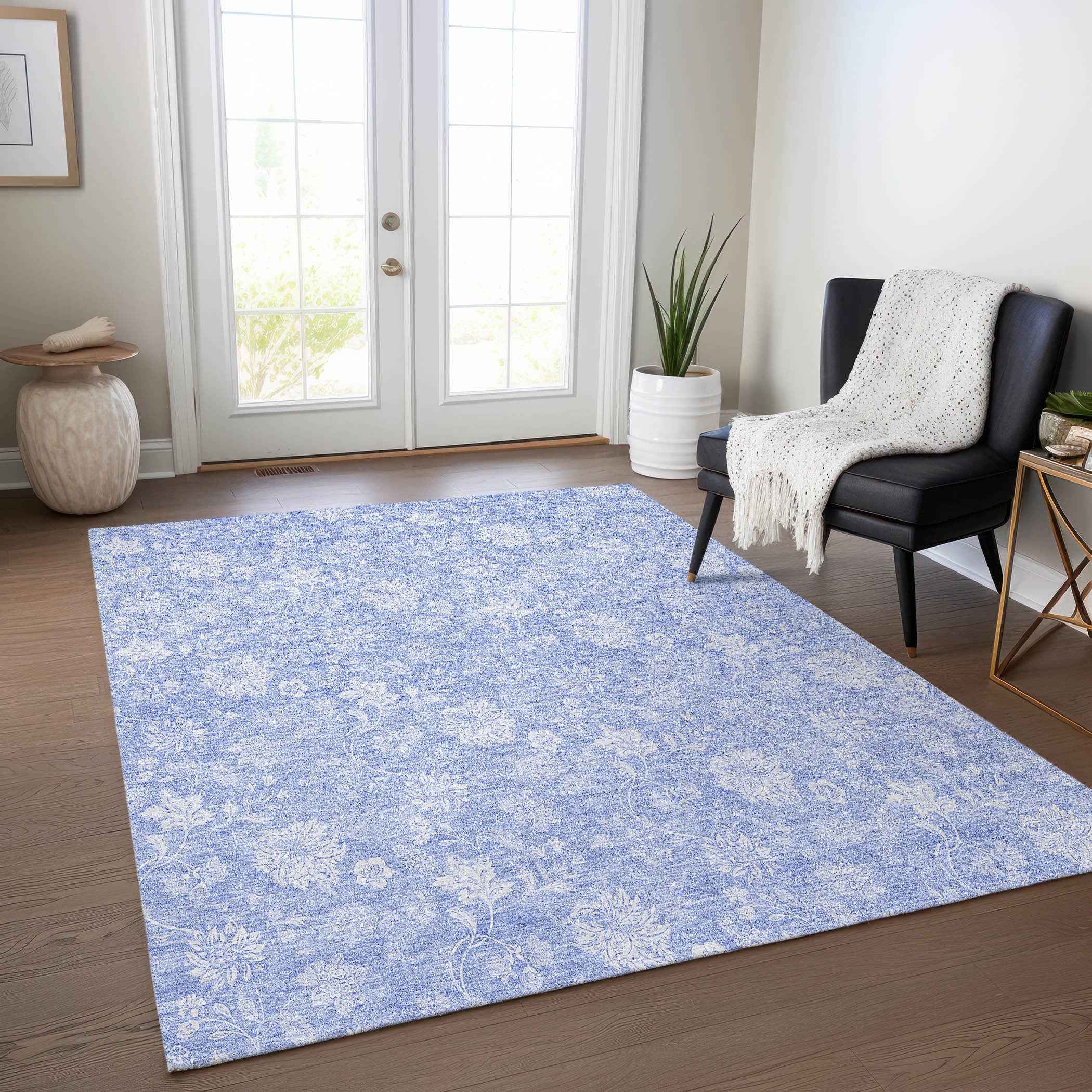 5' X 8' Sky Blue Denim Blue And Ivory Floral Washable Indoor Outdoor Area Rug