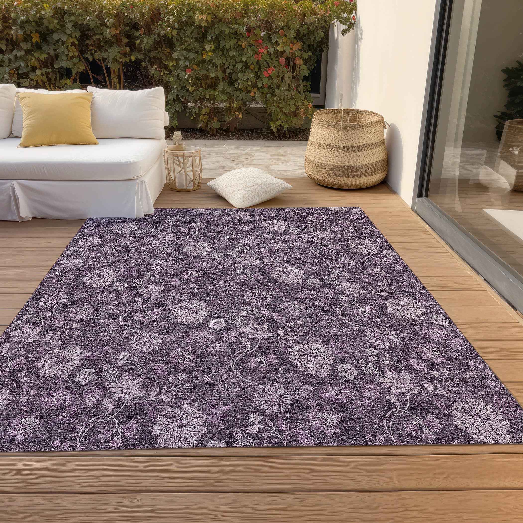 10' X 14' Plum Purple And Lavender Floral Washable Indoor Outdoor Area Rug