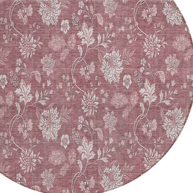 8' Blush Pink And Mauve Round Floral Washable Indoor Outdoor Area Rug