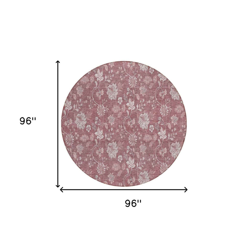 8' Blush Pink And Mauve Round Floral Washable Indoor Outdoor Area Rug