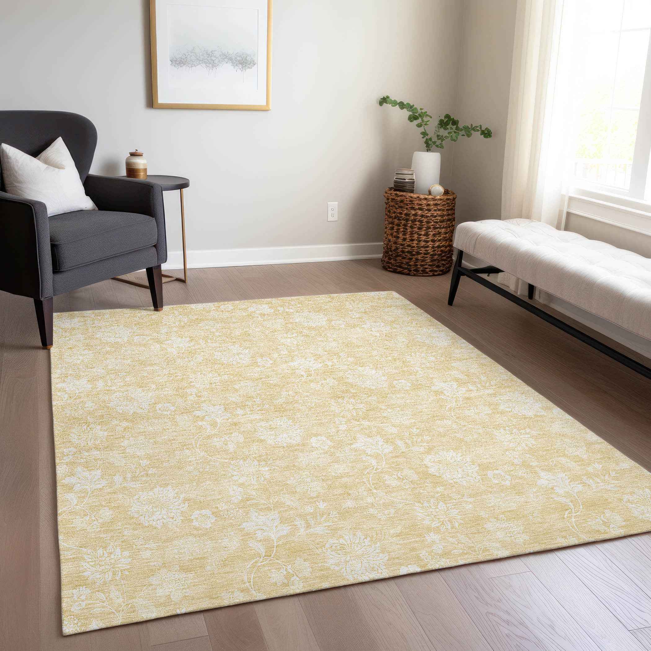 5' X 8' Yellow Wheat And Ivory Floral Washable Indoor Outdoor Area Rug