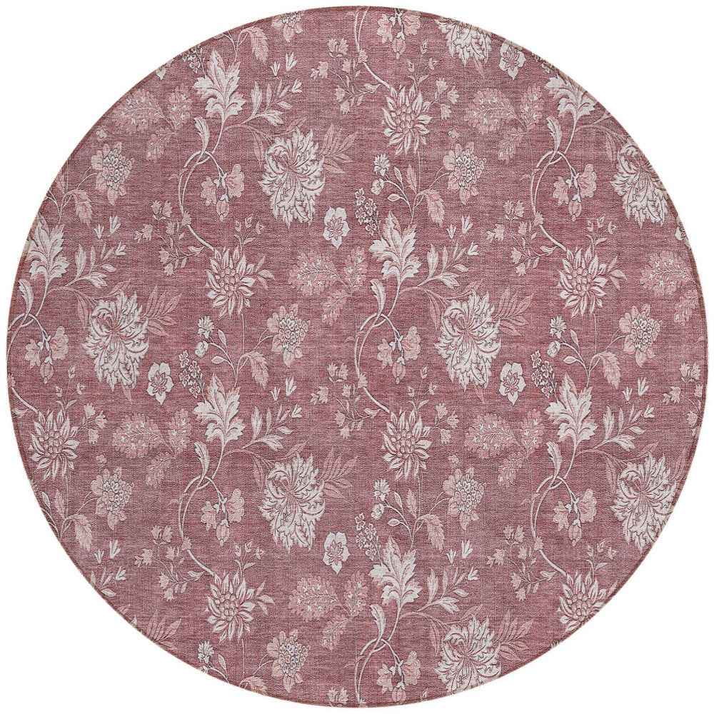 8' Blush Pink And Mauve Round Floral Washable Indoor Outdoor Area Rug