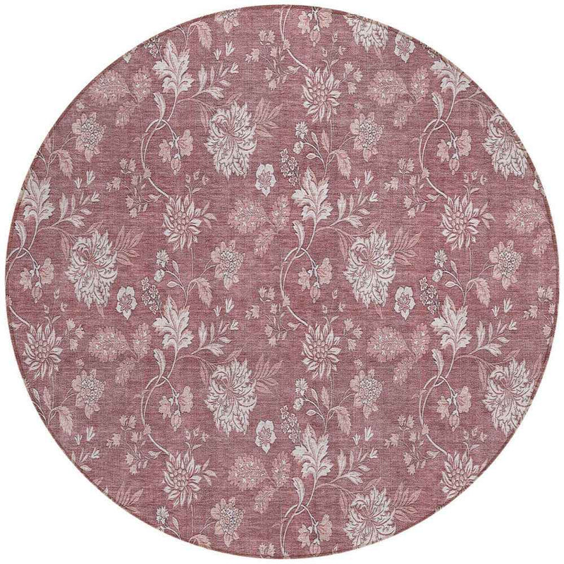8' Blush Pink And Mauve Round Floral Washable Indoor Outdoor Area Rug