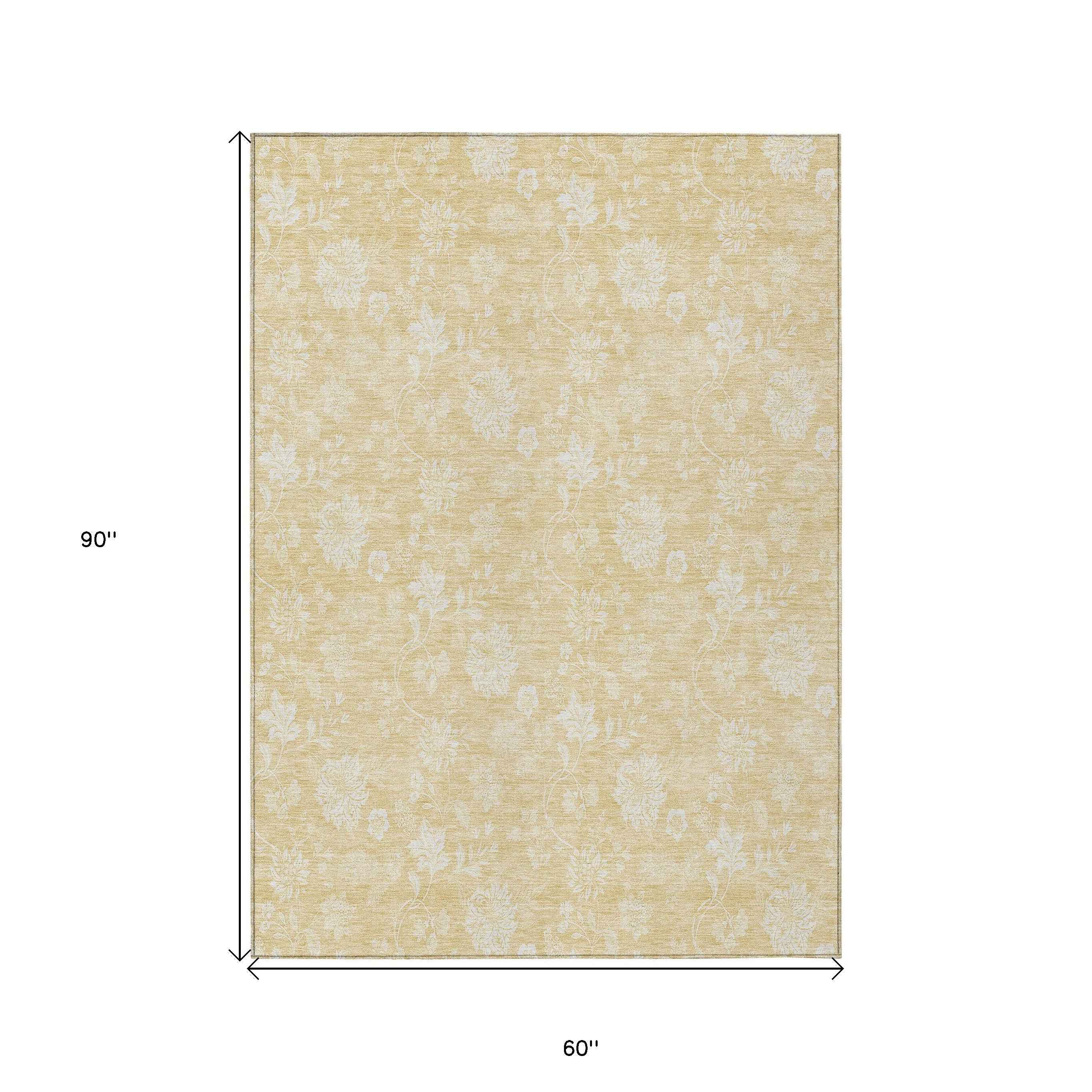 5' X 8' Yellow Wheat And Ivory Floral Washable Indoor Outdoor Area Rug