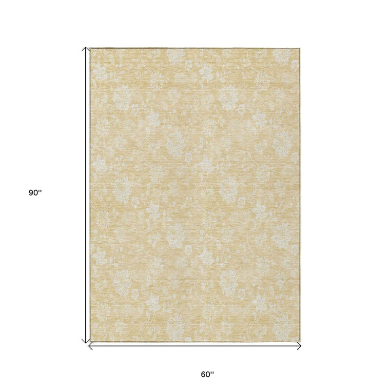 5' X 8' Yellow Wheat And Ivory Floral Washable Indoor Outdoor Area Rug