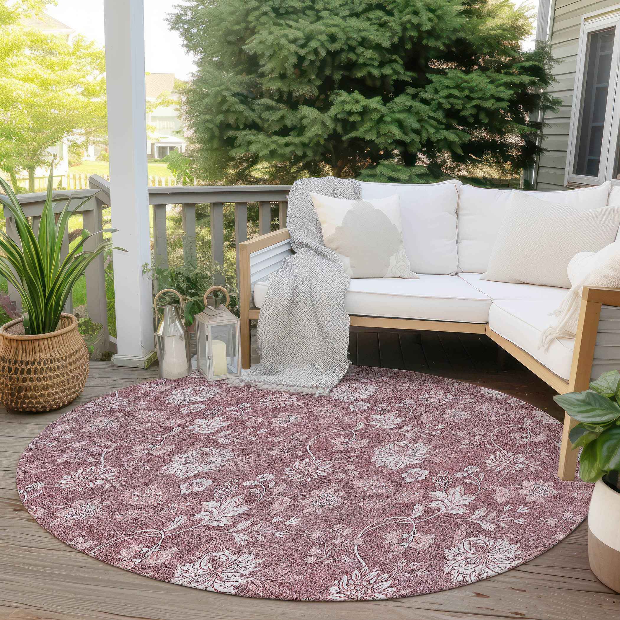 8' Blush Pink And Mauve Round Floral Washable Indoor Outdoor Area Rug