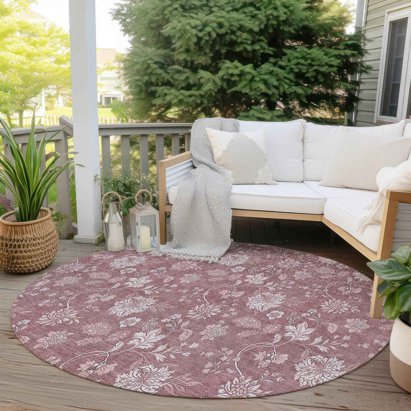 8' Blush Pink And Mauve Round Floral Washable Indoor Outdoor Area Rug