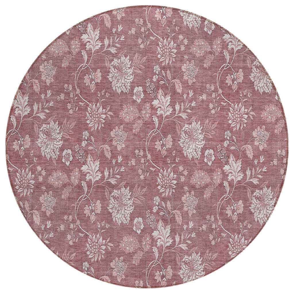 8' Blush Pink And Mauve Round Floral Washable Indoor Outdoor Area Rug