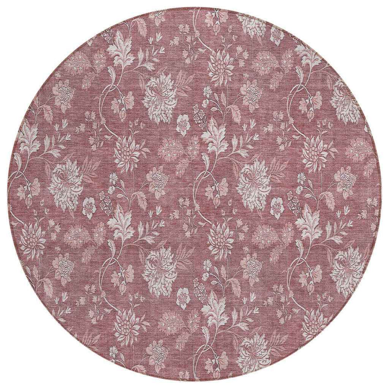 8' Blush Pink And Mauve Round Floral Washable Indoor Outdoor Area Rug